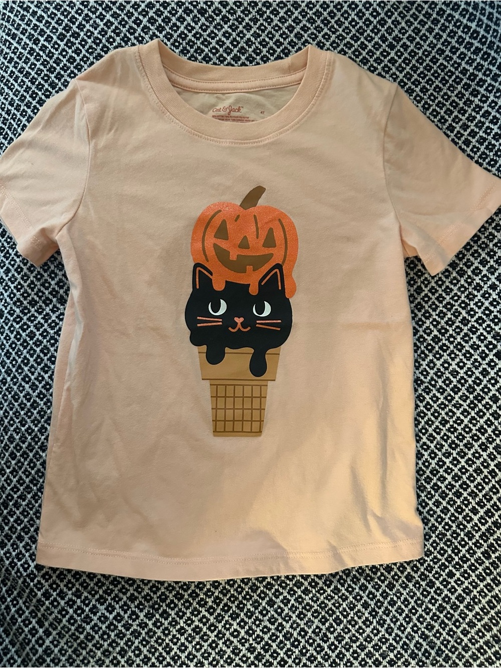 Cat & Jack Peach Tee with Black Cat & Orange Pumpkin Graphic